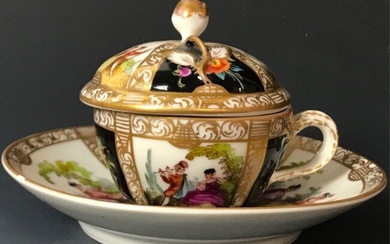 ANTIQUE DRESDEN LIDED DEMITASSE CUP AND SAUCER