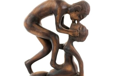 African Carved Wood Couple Embracing Figural Sculpture