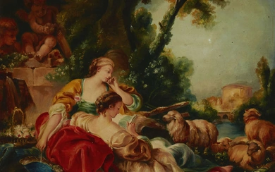 After François Boucher, French 1703-1770- Two Shepherdesses; oil on panel,...