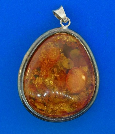 Amber Oxidized Sterling Silver Oval Pendant