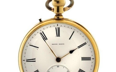 An 18ct gold open-face keyless-lever pocket watch, the white enamel dial with Roman numerals, blued steel hands and subsidiary dial for constant seconds, signed Racine Geneve, jewelled lever movement with bi-metallic compensated balance, the case...