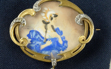 An Art Nouveau gold, diamond point and pearl glazed portrait brooch.
