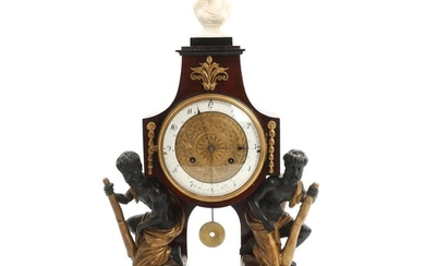 SOLD. An Austrian Empire mahogany mantle clock carried by gilt and black painted wooden figures. Signed J. Straub in Wien. 19th century. H. 52 cm. – Bruun Rasmussen Auctioneers of Fine Art