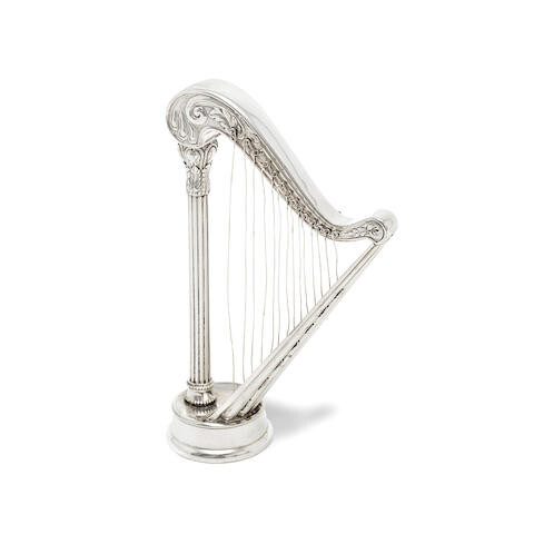 An Edwardian silver model of a harp