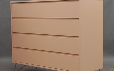An 'Elona' chest of drawers by Made, of recent manufacture, in pink lacquered finish, with four drawers on copper rod supports, 100cm high, 120cm wide, 45cm deep