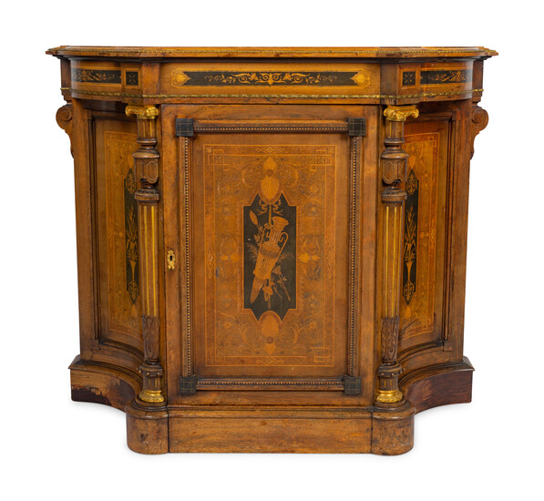 An English Aesthetic Movement Part-Ebonized Marquetry Cabinet