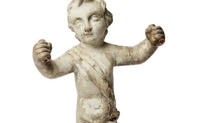 An Italian painted wood model of a cherub, 18th/19th century, with applied canvas sash, lacking wings, 33cm high