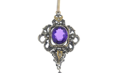 An amethyst and diamond bi-colour drop pendant.