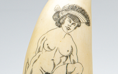 An antique whales tooth scrimshaw depicting erotic scene (H:11cm) Condition-Good-natural...