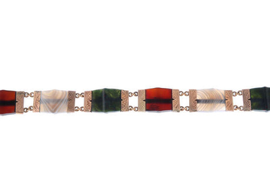 An early 20th century 9ct gold bloodstone, band agate and carnelian bracelet.