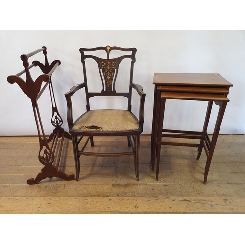 An early 20th century walnut marquetry armchair, a nest of t...