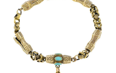 An early to mid 19th century gold turquoise engraved bracelet, with enamel memorial drop. AF.
