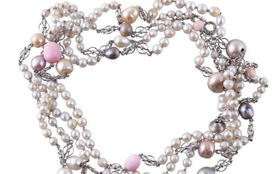 An early twentieth century French platinum, pearl, conch pearl and diamond necklace