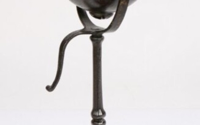 An elegant 18th century wrought-iron gimbal oil lamp, the circular oil reservoir with lidded