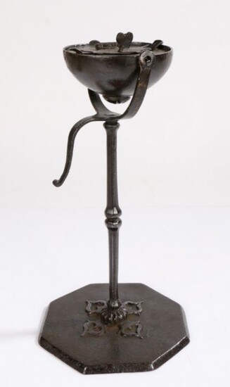 An elegant 18th century wrought-iron gimbal oil lamp, the circular oil reservoir with lidded