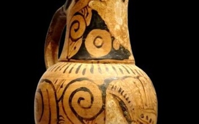 Ancient Greek, Faliscan Ceramic Large oenochoe with decor in perfect condition - 4th century BC. - 30.6×15.5×14.2 cm