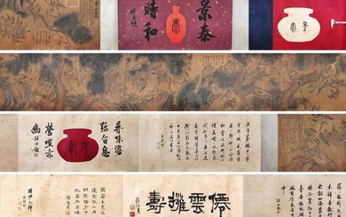 Ancient Lyu Ji Pine Forest hundred bird map hand scroll Qianlong imperial title Shen Zhou Wen