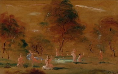 André Derain, French 1880-1954 - Baigneuses dans un paysage, c.1946-50; oil on canvas, signed lower right 'Derain', 25 x 39.2 cm (ARR) Provenance: Stefanos Zifos, Greece and thence by descent to private collection, UK Note: this work is accompanied...