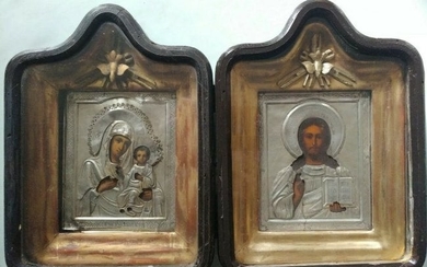 Antique 19c Russian 84 Silver Wedding pair icons with