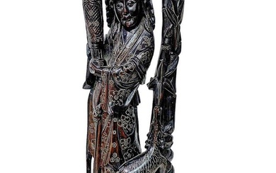 Antique Chinese Inlaid Metal on Wood Sculpture