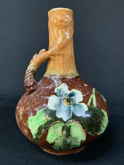 Antique Continental Majolica Dolphin Handled Vase