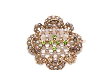 Antique Peridot Seed Pearl 14K Gold Victorian Brooch Pin Pendant...