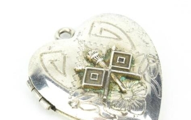 Antique Sterling Heart Form Locket w Torch Motif