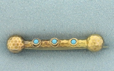Antique Turquoise Etruscan Brooch Pin in 10k Yellow Gold