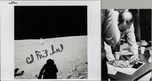 Apollo 14, Edgar Mitchell at the Lunar Science Station, Signed Photograph. Black-and-white 8 x 10 in. photo showing Mitchell walking ba