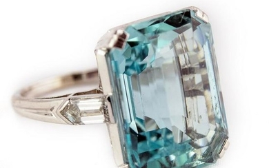 Art Deco Platinum Aquamarine, Diamond 22 CTTW Ring