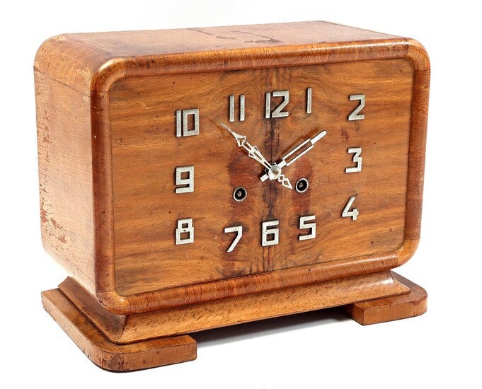 (-), Art Deco table clock in walnut cabinet,...