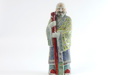 Assez grande sculpture chinoise en porcelaine marquée et polychromée : "Vieux Sage" - hauteur :...