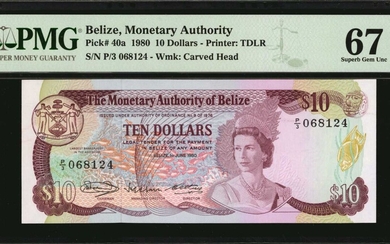 BELIZE. Monetary Authority of Belize. 10 Dollars, 1980. P-40a. PMG Superb Gem Uncirculated 67 EPQ.