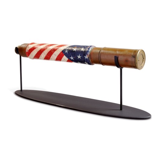 BRASS TELESCOPE WITH PAINTED FLAG MOTIF ON LEATHER, LATE 19TH CENTURY