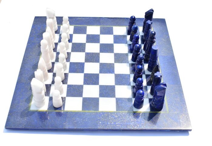 Beautiful Chess Table with Complete Players Lapis Lazuli and White Marble - 13×300×300 mm - 3600 g - (33)