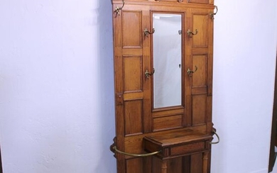 Beveled Mirror Back Hall Stand With Brass Hooks