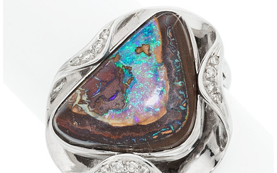 Boulder Opal, Diamond, White Gold Ring Stones: Boulder Opal...