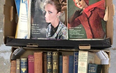 Box of vintage Vogue patterns and magazines, together with a box of books including 20th century fiction