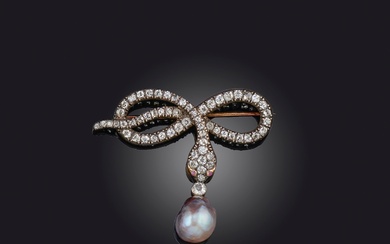 Broche en perles et diamants, 19e siècle, en forme de serpent stylisé serti de diamants...