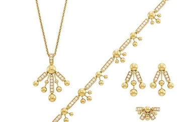 Bulgari Gold and Diamond Pendant-Necklace, Bracelet, Pair of Pendant-Earrings and Ring and Ring