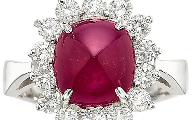 Burma Ruby, Diamond, White Gold Ring Stones: Ruby sugarloaf...