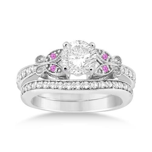 Butterfly Diamond and Pink Sapphire Bridal Set 14k Whit
