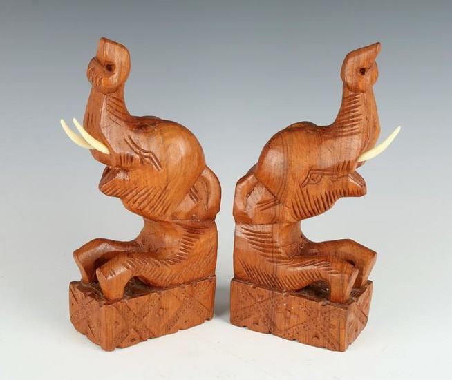 CARVED WOODEN ELEPHANT BOOKENDS