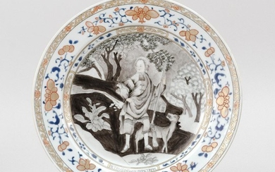 CHINESE EXPORT PORCELAIN PLATE Jesuit-style decoration of a man and a dog in a landscape. Diameter 8.8".