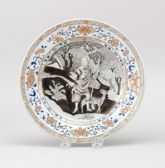CHINESE EXPORT PORCELAIN PLATE Jesuit-style decoration of a man and a dog in a landscape. Diameter 8.8".
