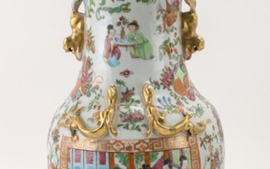 CHINESE EXPORT ROSE MEDALLION PORCELAIN VASE In baluster form, with gilt kylins at shoulder and neck, and cartouches of figures in c...