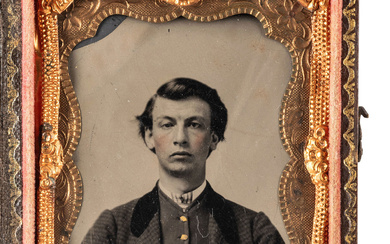 [CIVIL WAR]. LASSELLE, G.P., photographer. Ninth plate tintype portrait identified as James B. Wheeler, 11th Massachusetts Infantry, WIA at Fredericksburg.