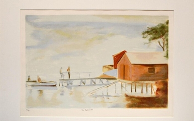 CLARICE BECKETT, THE BOATSHEDS, LITHOGRAPH 25/75, 45 X 67CM (IMAGE SIZE), UNFRAMED, CONDITION: VERY GOOD