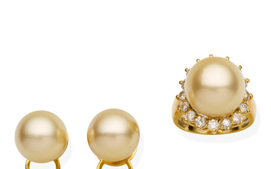 COLOURED CULTURED PEARL AND DIAMOND RING AND EARRING SUITE
