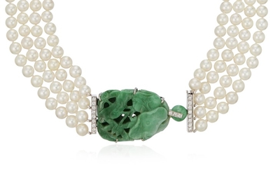 CULTURED PEARL, JADE AND DIAMOND NECKLACE